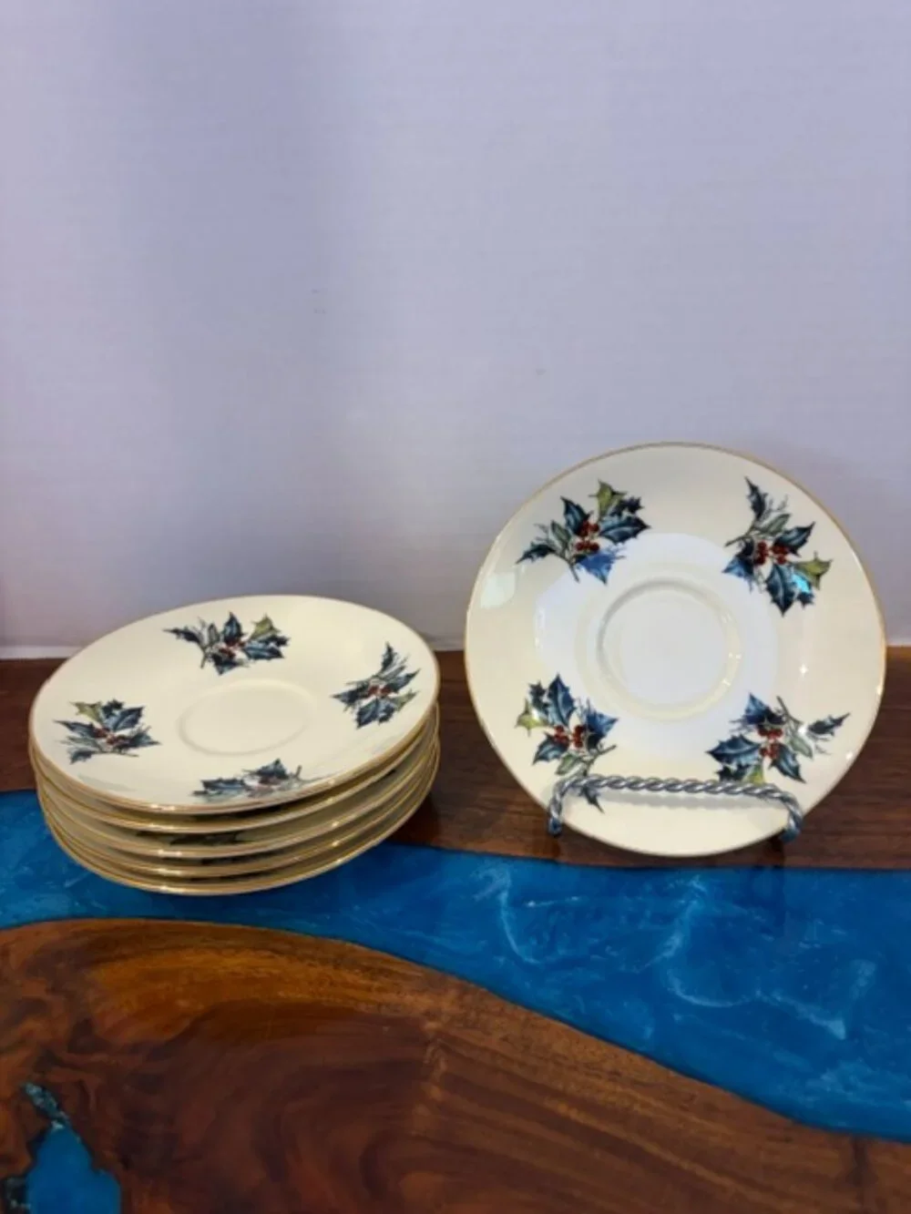Set of 6 Vintage 1995 Lenox Winter Greetings Saucers Holly & Berries w Gold Trim